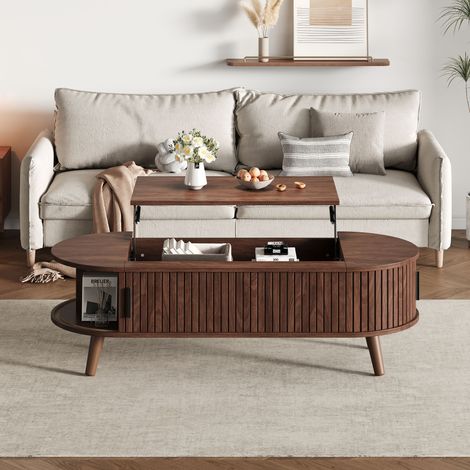 Couchtisch Höhenverstellbar mit Verstecktem Stauraum und 4 Seitenfächern, für Wohnzimmer, MDF und Holz, Nussbaum, 120×50×39.5 cm (1/5)