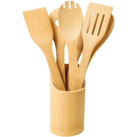 Ensemble de 6 ustensiles en bambou avec base, cuillères et spatules