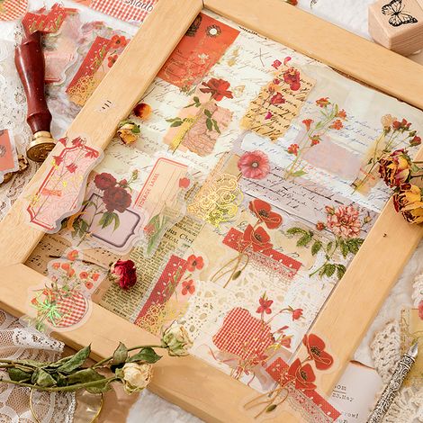 30 autocollants de fleurs à pétales vintage, autocollants décoratifs naturels pour scrapbooking, fournitures de scrapbooking pour agendas, carnets, blocs-notes, loisirs créatifs, rouge (1/5)