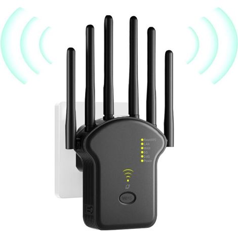 Répéteur WiFi, Amplificateur WiFi, Repeteur WiFi Puissant 1200Mbps Double Bande 5GHz & 2.4GHz, WiFi Booster, WiFi Extender avec 6 Antennes, LAN/WAN Ports, Mode Répéteur/Routeur/AP