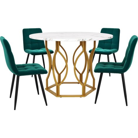 5-teiliges Esszimmer-Set: runder Tisch Ø 100 cm aus MDF, 4 grüne Samtstühle (1/5)
