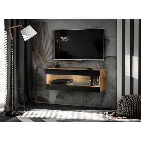 Komodee, Meuble TV - Armoire Suspendue Tivoli RTV2, Wotan/Noir, Largeur 100cm x Hauteur 36cm x Profondeur 35cm, sans LED, pour Salon, Chambre à coucher (1/5)