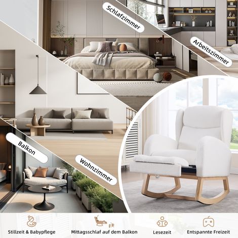 Fauteuil à bascule 049C, chaise lounge en bois avec repose-pieds réglable, dossier haut, tissu teddy blanc, poche latérale, fauteuil cosy pour chambre et salon W2087P311456 (1/5)