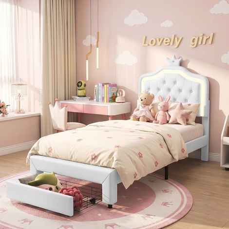 BLANKETSWARM - Lit enfant 90×200 cm en forme de couronne, Lit simple 90×200 avec LED réglable – 1 tiroir – Sommier à lattes – Style scandinave, Velours Blanc (1/5)