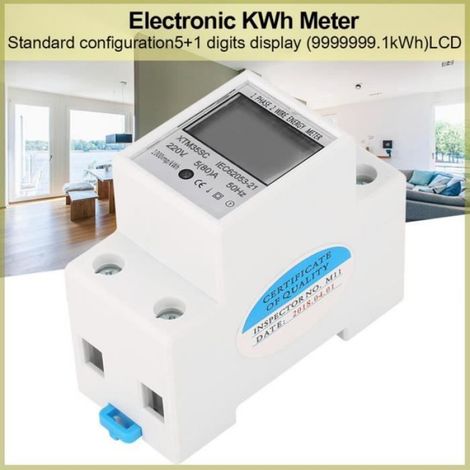 Cocosity Compteur KWh Électrique Monophasé 1 Phase Din Rail LCD 5+1 Chiffres 220V 5(80)A (1/4)