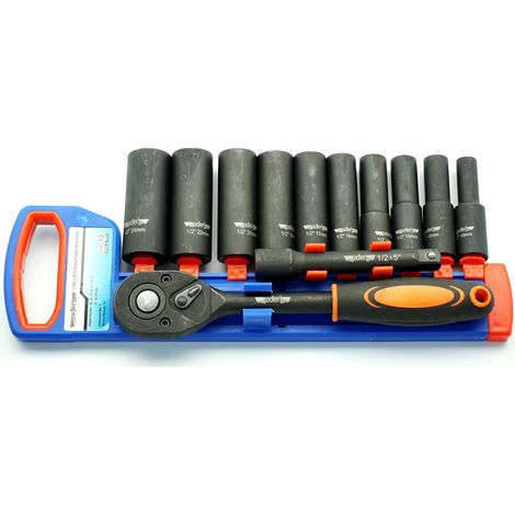 Adler Juego de trinquete y llaves de impacto largas 1/2" 12 piezas, herramienta profesional para montaje y mantenimiento mecánico, recubrimiento protector, materiales resistentes, color metálico.