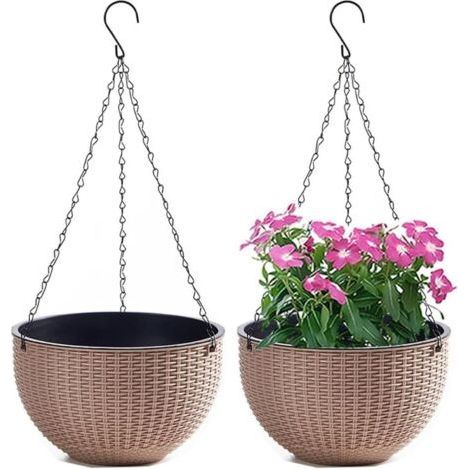 Set of 2 Hanging Flower Pots with Stainless Steel Chain, Indoor and Outdoor Balcony Hanging Flower Pots and Hanging Flower Pots(Caliber 21cm,Brown) (1/4)