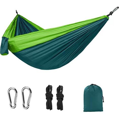 Hamac de camping portable ultra-léger (vert), 270x140cm, capacité de charge 300kg, avec 2 mousquetons de haute qualité et 2 sangles en nylon, convient pour le jardin, le camping et le trekking
