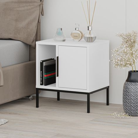Decortie Table de nuit moderne Glynn, blanc, 1 porte, pieds en métal noir, poignée métallique, 45 cm – idéale pour la chambre (1/5)