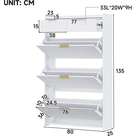 Scarpiera moderna e stretta con 3 scomparti a ribalta e 2 cassetti, ideale per corridoio e ingresso, colore bianco, dimensioni 80 × 25 × 135 cm. (1/5)