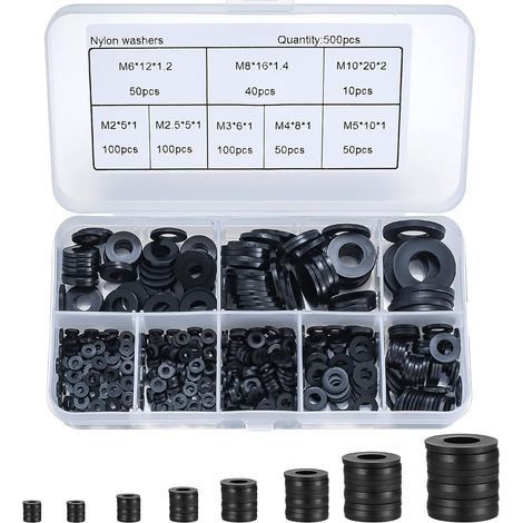 500 pièces rondelle plate en nylon, rondelle plate isolée joint rond joint d'étanchéité kit d'assortiment de tuyaux-M2/M2.5/M3/M4/M5/M6/M8/M10 (noir) (1/5)