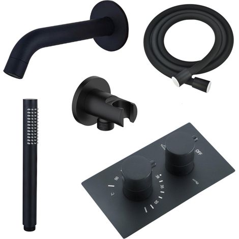 Fortifura Calvi Robinet de baignoire - bec 22cm à raccourcir - flexible - douchette stick - partie encastrable - support mural - noir mat (1/5)