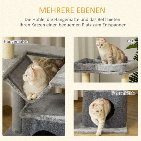 Arbre à chat 90 cm tour avec hamac, cachette, 2 balles en peluche, poteaux en sisal, plateformes, griffoir multi-étages, arbre d'escalade pour chats de moins de 4 kg, gris (1/5)