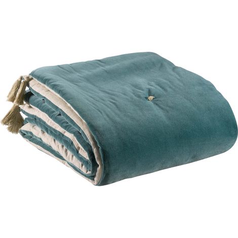 VIVARAISE - Édredon pompons Elise - 80 x 180 cm - Vert de gris (1/4)