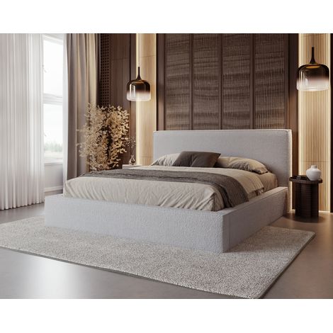Emporius Lit double 140x200 cm Sofia, lit bouclé avec sommier à lattes et rangement, Gris clair (1/5)