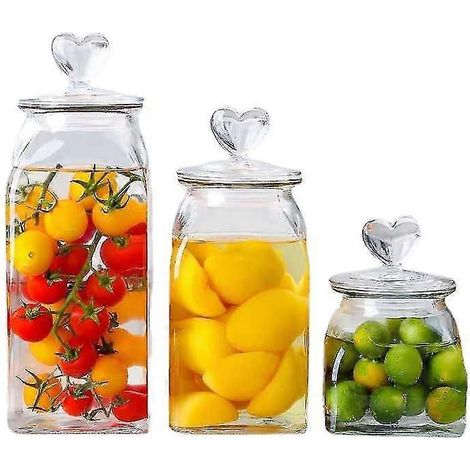 Bocal à bonbons en verre avec couvercle en forme de cœur, bocal de rangement pour café, fruits secs, aliments, récipients de conservation. (1/5)