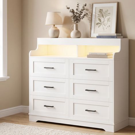 Commode blanche 6 tiroirs, 110x40x99 cm, Commode chambre avec LED RGB et station de charge en bois, moderne, Blanc (1/5)