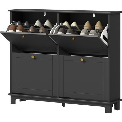Narrow Shoe Storage Cabinet, Slim Shoe Cabinet  4 Flip Drawers, Adjustable Shelves for 16 Pairs of Shoes, Black (1/5)