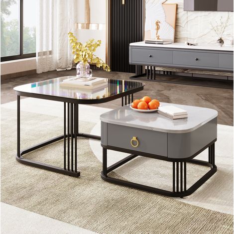 Set di 2 tavolini da salotto in MDF, vetro, effetto marmo, cassetti, nero e grigio HAVRYA (1/5)