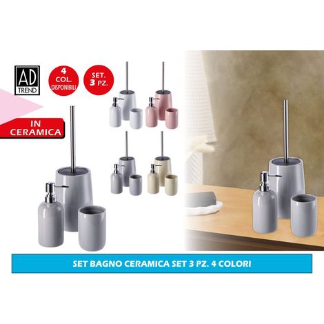 Set Accessori Bagno in Ceramica Dispenser Portaspazzolino e Scopino 4 Colori