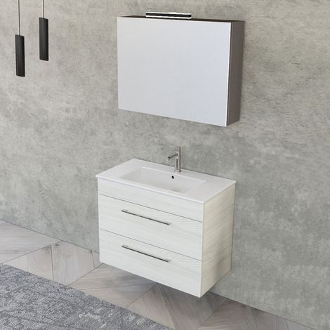 Mobile bagno sospeso 80 cm Smart bianco legno con specchio contenitore (1/5)