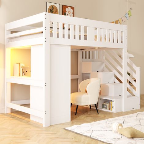 Lit mezzanine enfant blanc 140x200 cm avec escalier rangement, bureau prise EU, ruban LED multicolore, armoire, banquette coffre, barrière haute, bois massif. (1/5)