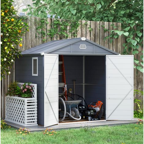 Caseta de jardín 240 x 190 x 228 cm en plástico gris con techo inclinado OKWISH (1/5)