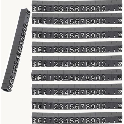 10 cubos ajustables para mostrar precios (letras/números), blancos sobre fondo negro, para mostrador de joyería/relojería.