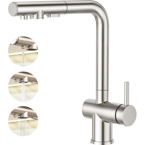 Rubinetto da cucina a 3 vie con doccetta estraibile, miscelatore monocomando, rubinetto per lavello, rubinetto per acqua potabile, rubinetto da cucina per osmosi inversa e filtro dell'acqua, acciaio i (1/5)