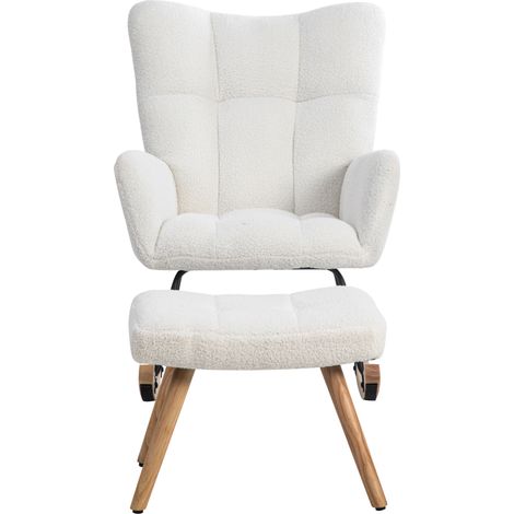 Poltrona a dondolo bianca con poggiapiedi, 92 cm, bouclé, struttura in legno di Hevea (1/5)