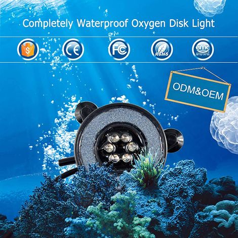 Lampe à bulles ronde pour aquarium avec LED colorées et diffuseur d'air, 6 LED, 1W, 12V, IP68, 5,5x2 cm, 160g, 1 pièce (1/2)