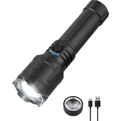 Lampe torche haute luminosité (noire) 3000 lumens, chargement USB-C, 5 modes, zoom (1/5)