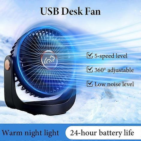 Ventilador de escritorio portátil recargable por USB con batería de 3000 mAh, ultra silencioso, 5 velocidades ajustables, giratorio 360°, se puede colgar verticalmente para el hogar, la oficina y los  (1/5)
