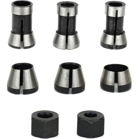 Mandrin de fraisage – jeu de 6, pince de serrage affleurante (6 mm, 6,35 mm, 8 mm), pince de toupie, adaptateur de pince (1/5)