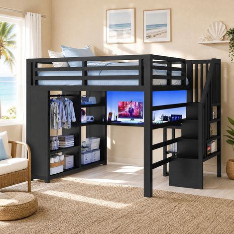 Cama alta metálica negra 160x200 cm con escritorio, LED, USB, armario abierto y escalera (1/5)