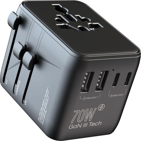 Adaptateur de voyage international européen 70 W - Adaptateur de voyage universel rapide pour convertisseur mondial 1 prise secteur 2 Type-A 3 Type-C (1/5)