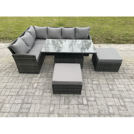 Fimous Outdoor Garden Furniture Set Wicker PE Rattan Height Adjustable Rising Lifting Table Sofa Dining Set with 2 Big Footstool Dark Grey Mixed