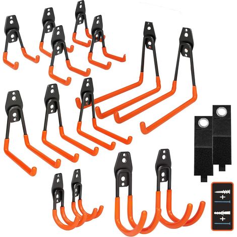 16 Stück, robuste Garagenhaken aus Stahl – Anti-Rutsch-Beschichtung für Werkzeuge, Leitern, Fahrräder, Orange