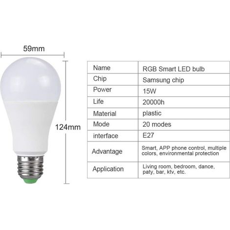Ampoules LED 15W Smart LED Ampoule E27 RGBW Bluetooth 85-265V 20 Couleurs magiques Modes Musique Fonction de contrôle for Home Hôtel Bar (1/3)