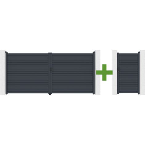 Portail battant 4m CALANCIA H.180cm lames persiennes aluminium gris + portillon CALANCIA aluminium gris