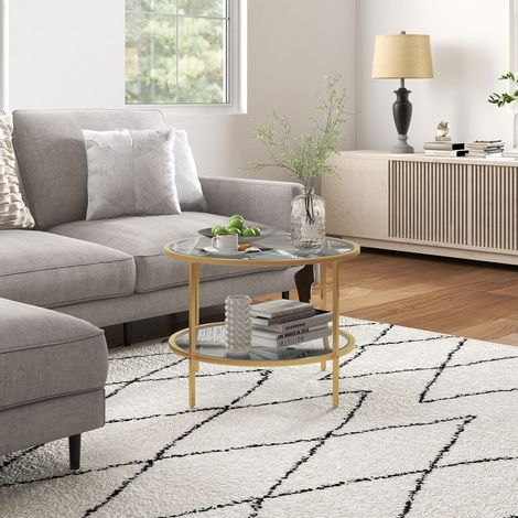 Tavolino rotondo in vetro e acciaio dorato Ø60 x 43 cm con ripiano (1/5)