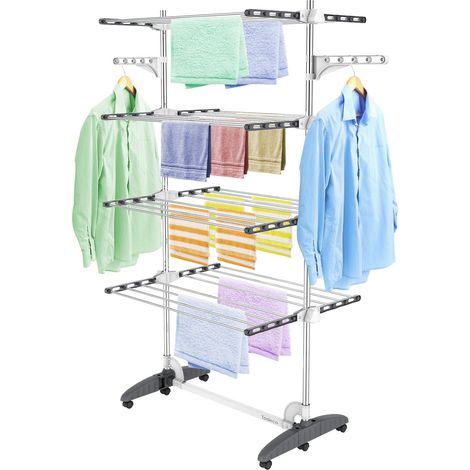 Todeco – Séchoir à linge pliant 4 niveaux – Acier inoxydable – Ailes réglables en hauteur – Support de séchage pour vêtements et chaussures – Gris - 2tendoir (1/5)