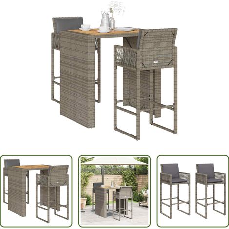Gartenmöbel - 3-tlg. Gartenbar-Set mit Kissen Grau Poly Rattan Akazie (1/5)