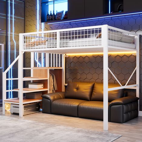 Lit mezzanine 140x200 cm en métal, 2 places, cadre de lit surélevé avec escalier de rangement penderie et LED, style industriel, pour ado et adulte, blanc (1/5)