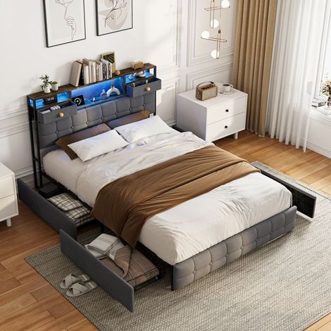 Letto matrimoniale 140x200 - Design moderno e chic - Velluto grigio antracite - 6 cassetti - Testata letto LED RGB e USB/Type-C