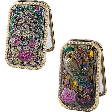 Lot de 2 miroirs de poche vintage - miroirs de maquillage pliables - miroirs cosmétiques vintage à motif paon avec loupe - pour femmes et filles (1/5)