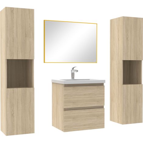 Ensemble meubles Salle de Bain avec colonne et miroir mural 50cm meuble Chêne Wotan