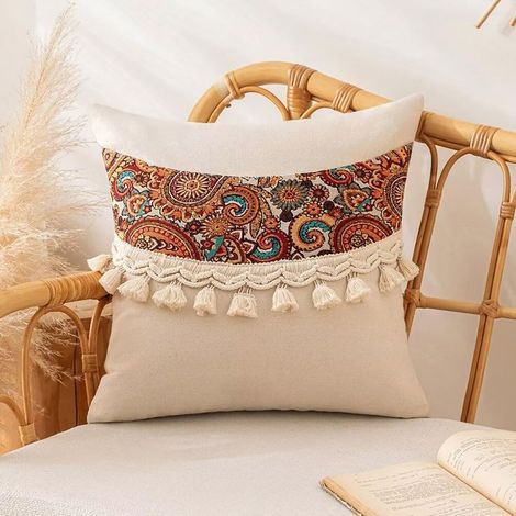 Lot de 2 housses de coussin décoratives carrées style bohème vintage en jacquard pour salon, canapé, lit, 45 x 45 cm