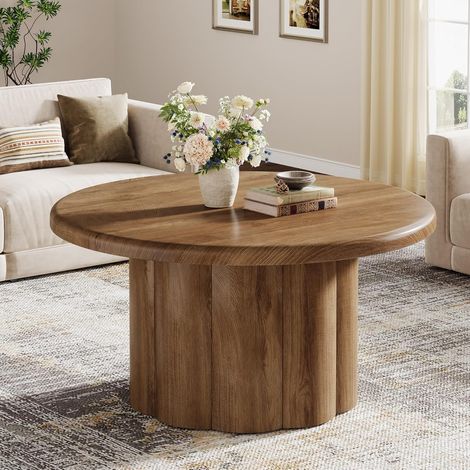Tribesigns – Table basse ronde en bois 80 cm – Design tambour strié marron – Surface résistante aux rayures – Capacité de charge 80 kg
