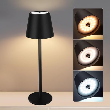 Lampada da tavolo dimmerabile senza fili, batteria ricaricabile da 1200 mAh, controllo touch LED dimmerabile a 3 colori, con USB-C, impermeabile per interni ed esterni, camera da letto (nero) [classe (1/5)